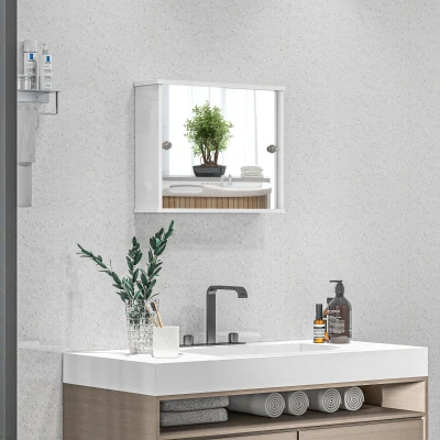 kleankin Armario con Espejo de Pared con Estante Ajustable y Puerta Corredera Doble para Lavabo 55x15x45 cm Blanco Brillante