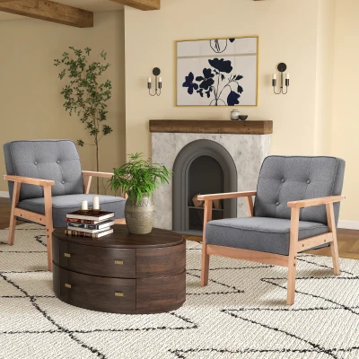 HOMCOM Accent Armchair Set of 2 Beech Wood Grey