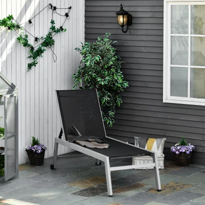 Outsunny Sonnenliege, Gartenliege, 5-stufige Rückenlehne, Aluminium, Schwarz, 202 x 65 x 43 cm