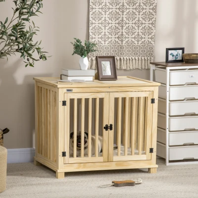 PawHut Wooden Dog Crate with Cushion & Double Doors - Natural