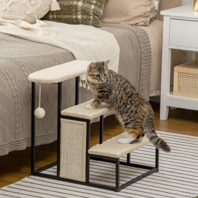 PawHut Three-Step Pet Stairs with Scratching Board, Steel