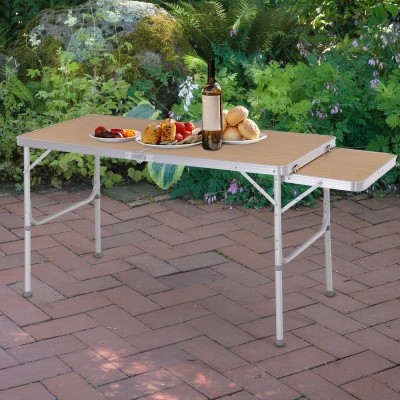 Outsunny Campingtisch höhenverstellbar Klapptisch mit Seittischplatte Klappbar Aluminium 120 x 60cm Naturholz