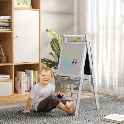 AIYAPLAY Caballete para Niños Caballete de Pizarra Blanca y Pizarra de Doble Cara Altura Ajustable 40x56x107/112/117 cm Gris