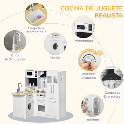 HOMCOM Cocina de Juguete de Madera para Niños de +3 Años con Sonidos 14 Accesorios Cocinita Infantil con Teléfono Fregadero Extraíble Microondas y Grifo 82x65x87 cm Blanco(m-7)