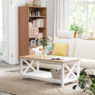 HOMCOM Table Basse Étagère Chêne MDF Blanc 116x60cm