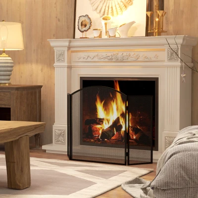 HOMCOM Protector de Chimenea Plegable de 3 Paneles Pantalla de Chimenea con Estructura de Acero 96x62 cm Negro