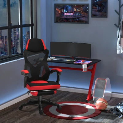 Vinsetto Ergonomischer Bürostuhl, Gaming Stuhl, Drehstuhl mit Fußstütze, PC Stuhl, Chefsessel,  höhenverstellbar, Polyester, Schwarz+Rot,58 x 63 x 112-122 cm