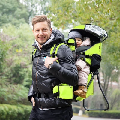 HOMCOM Portador de Bebés con Techo Impermeable Base de Soporte y Múltiples Bolsillos para 6-36 Meses 38x77x87,5 cm Verde Claro