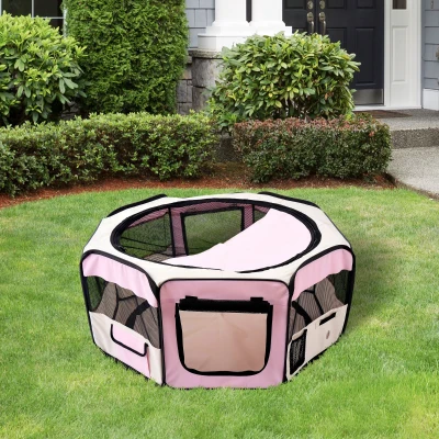 PawHut Portable Pet Playpen Dia 90x41cm Indoor Outdoor Pink