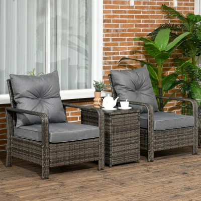 Outsunny 3 Pieces Rattan Bistro Set, Wicker Garden Furniture Set with Storage Coffee Table and Chairs, Thickened Cushions for Outdoor, Patio, Balcony, Grey