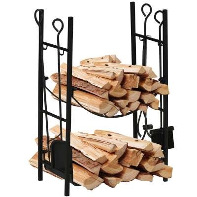 Outsunny Estante de Leña para Chimenea 44,5x29,5x73 cm Soporte para Leña de 2 Niveles Leñero Exterior e Interior Metálico con 4 Herramientas Carga Máx. 70 kg Negro