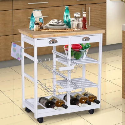 HOMCOM Chariot de service desserte de cuisine à roulettes multi-rangements 74L x 37l x 76H cm plateau bois massif pin châssis MDF blanc