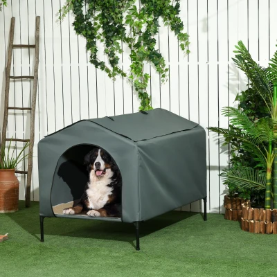 PawHut Caseta para Perros con Cubierta Exterior 130x85x95 cm Cama Elevada para Mascotas con Cojín para Perros Grandes Gris