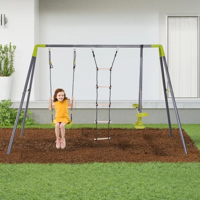 HOMCOM Kinderschaukel Gartenschaukel Schaukelgerüst Schaukelset mit Metallgestell Kletterseilleiter Wippe 3-10 Jahre bis 3 Kinder