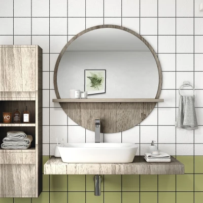 Kleankin 45cm Round Mirror with Shelf Grey Wood-Effect