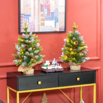HOMCOM Set of Two 2ft Christmas Trees with Lights & Berries