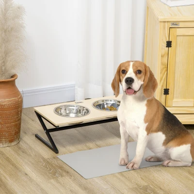 PawHut Comedero Elevado para Perros con 2 Cuencos de Acero Inoxidable Tapete y Alimentador Lento 60x30x18,5 cm Roble