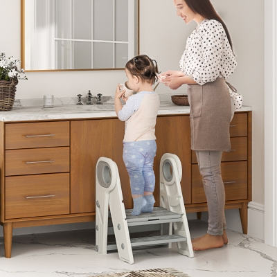 AIYAPLAY Torre de Aprendizaje Ajustable Escalera para Niños de +18 Meses Antideslizante para Baño Cocina Librería Gris y Blanco