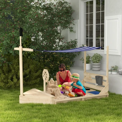 Outsunny Sandkasten mit Sonnendach Piratenschiff, inkl. Kinderküchenspielset, Massivholz, 180 x 103 x 144,5 cm, Natur + Blau