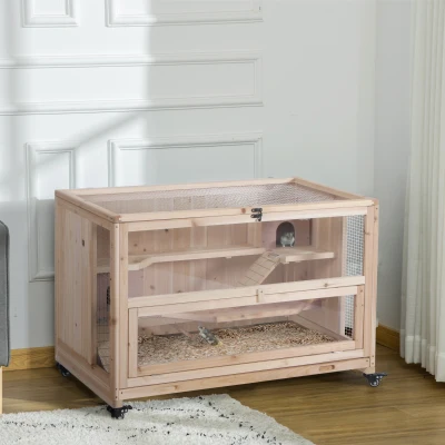 PawHut Wooden Hamster Cage 3-Tier Play House with Wheels Natural Wood 99x50x69cm