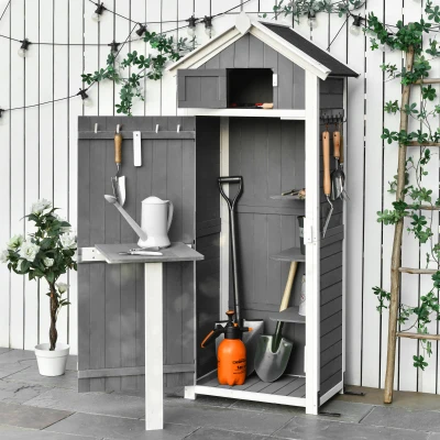Outsunny Gartenschrank Holz, Geräteschuppen wetterfest 78x52,5x182cm, Gerätehaus mit Tür, Satteldach, Geräteschrank mit Haken, faltbar Tisch, Werkzeugschrank Gartenschuppen für Garten, Terrasse, Grau