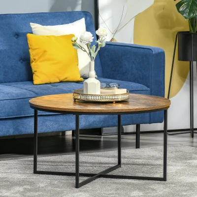 HOMCOM Round Coffee Table Metal Frame Rustic Brown