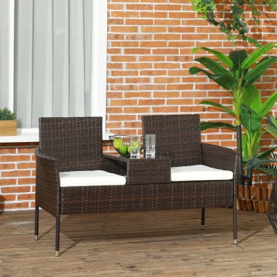 Outsunny Rattan Two-Seat Chair with Table Brown