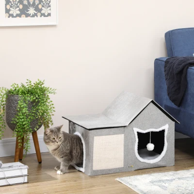 PawHut Katzenhaus mit Kratzfläche, inkl. Spielball, Katzenhöhle, 65 cm  x 41 cm x 45.5H cm, Braun + Weiß + Beige