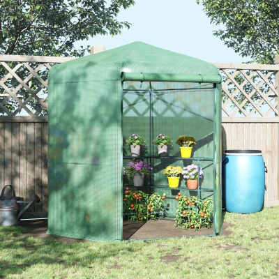 Outsunny Serre Hexagonale 6 Étagères PE Vert 2.25m