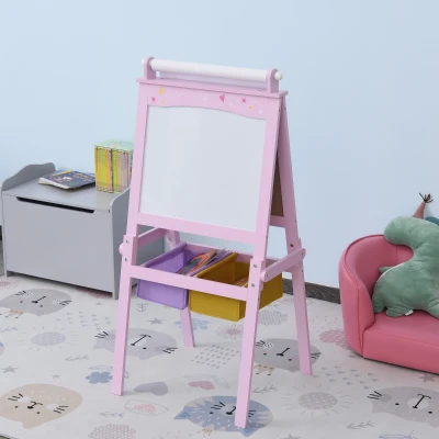 HOMCOM Pizarra de Doble Cara Caballete para Niños con Rollo de Papel y 2 Cestas de Almacenamiento 58,5x50,5x118 cm Rosa