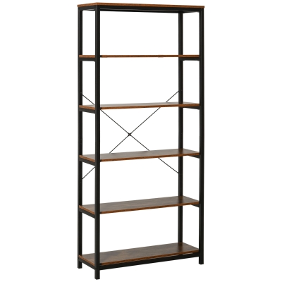 HOMCOM Bücherregal mit 5 Fächer, Standregal, Industriestil, Wohnzimmer, Schlafzimmer, Büro, E1 Spanplatte, Braun, 80 x 30 x 180 cm