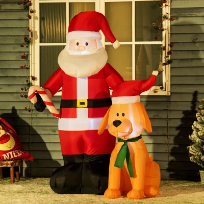 Outsunny Papá Noel Inflable con Perro con Luces LED Decoración Navideña para Interior y Exterior 117x80x157cm Multicolor