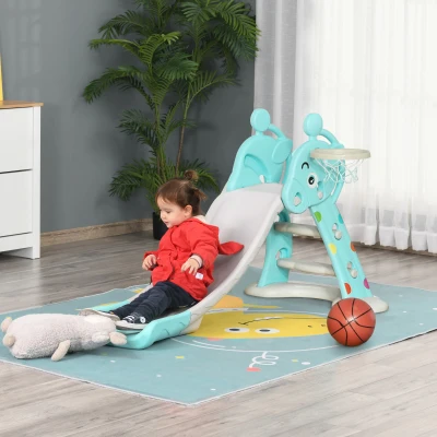 HOMCOM Tobogán para Niños +18 Meses Plegable 2 en 1 con Canasta de Baloncesto Modelo Jirafa Juguete Infantil para Interiores y Exteriores 147x82x85,5 cm Azul y Gris