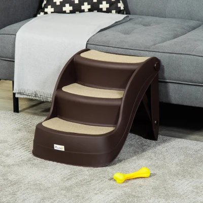 PawHut Escalera para Mascotas de 3 Peldaños Plegable Escalón para Perros Gatos para Cama Sofá 49x38x38 cm Marrón