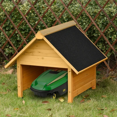 Outsunny Holzgarage für Rasenmäher Roboter Mähroboter Garage Carport für Rasenroboter Sonnen- & Regenschutz Gelb 75 x 76 x 70 cm