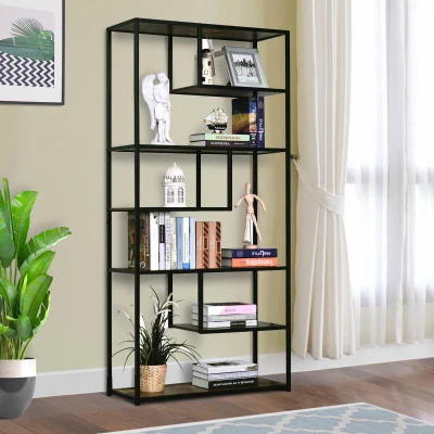 HOMCOM 6 Tier Bookcase Steel Frame Rustic Brown 82x33.5cm