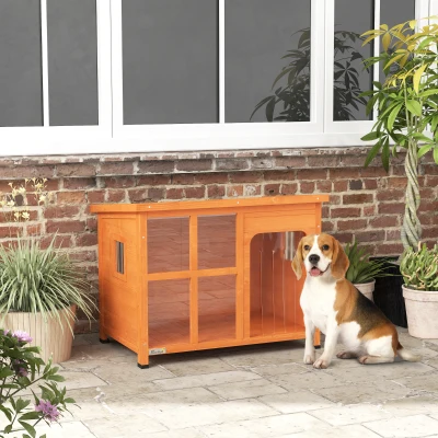 PawHut Caseta para Perros Exterior con Techo Asfáltico Abatible Puerta con Cortina y Base Extraíble 90x62x71 cm Madera Natural