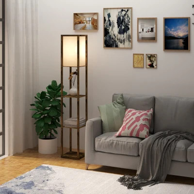 HOMCOM Lampadaire Étagère MDF Blanc/Marron