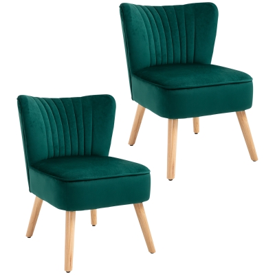 HOMCOM Velvet Tub Chair Set of 2 Green Wood Legs