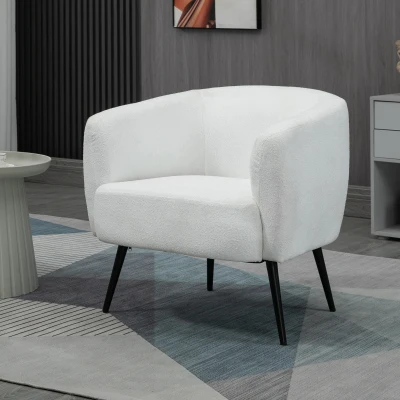 HOMCOM Fauteuil Tissu Bouclé Pieds Métal Salon Blanc