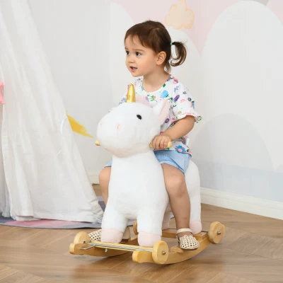 HOMCOM 2-IN-1 Schaukelpferd mit Räder Plüsch Schaukeltier Babyschaukel Spielzeug Weiß 63 x 38 x 63 cm