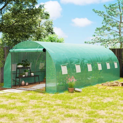 Outsunny Szklarnia typu Polytunnel z osłoną plastikową i stalową ramą, z rolowanymi drzwiami, Zielona