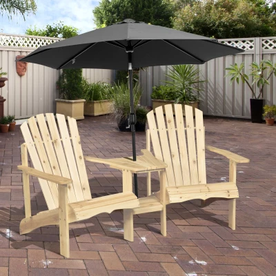 Outsunny Adirondack Gartenstuhl mit Tisch und Schirmloch 2 Sitzer Gartensessel Sitzgruppe Gartenmöbel für Balkon Massivholz Natur 178 x 87 x 92 cm