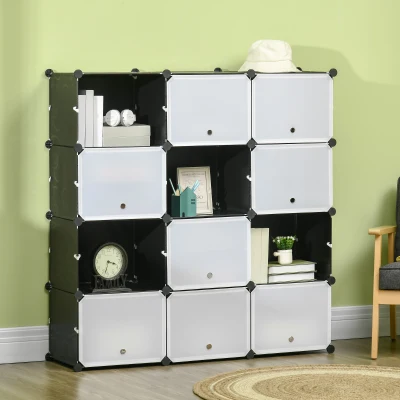 HOMCOM Armario Modular de Plástico Armario Portátil con 12 Cubos Organizador de Zapatos 125x32x125 cm Negro y Blanco
