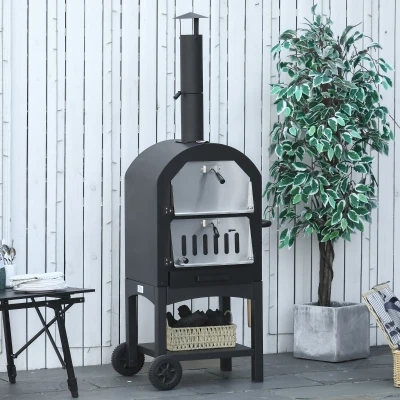 Outsunny Forno per Pizza e Barbecue a Carbone con Camino e Ruote