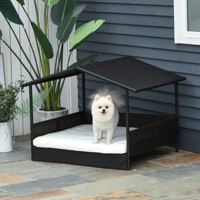 PawHut Rattan Hundeliege Outdoor mit Dach, Erhöhtes Hundebett für kleine und mittelgroße Hunde, Kühlendes Haustierliege mit Metallrahmen, Haustierbett für Draußen, 69 x 98 x 70 cm, Kaffee-Braun