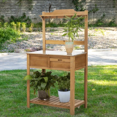 Outsunny Pflanztisch mit verzinkter Arbeitsplatte Gärtnertisch für Garten Balkon und Terrasse mit Ablage Blumenregal Blumenständer aus Tannenholz Metall Natur 80 x 42 x 142 cm