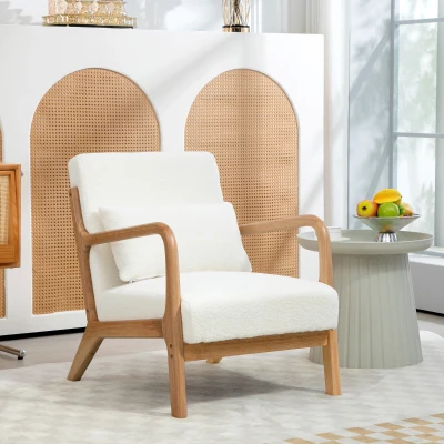 HOMCOM Fauteuil Lounge Velours Crème Bois Hévéa 3 Coussins
