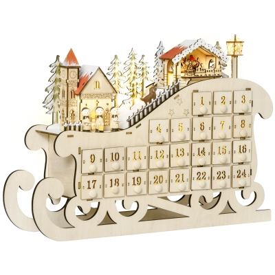 HOMCOM Calendario de Adviento de Navidad con Luces y 24 Cajones Decoración Navideña Modelo Trineo 45x10x31 cm Madera Natural