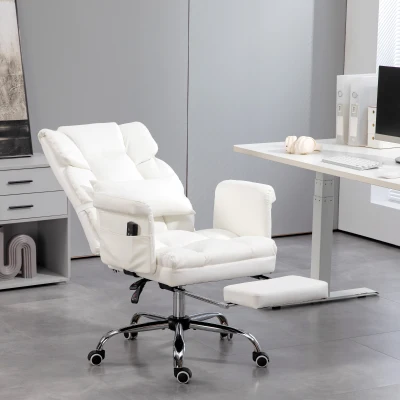 HOMCOM Silla de Oficina con 6 Puntos de Masaje Reposapiés Retráctil Altura Ajustable Control Remoto y Soporte Lumbar Blanco